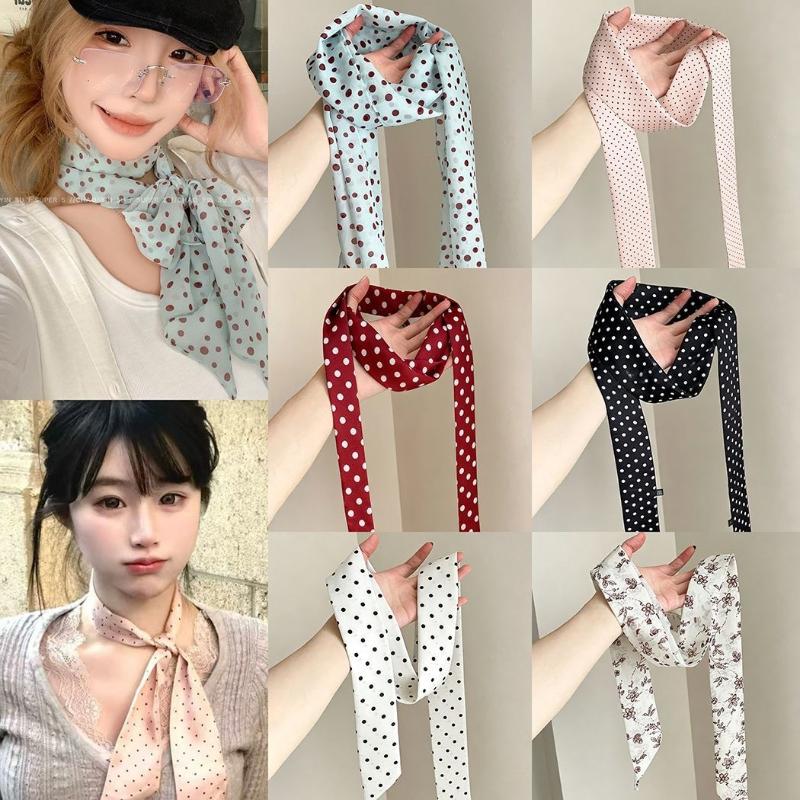 Ascot Neck Scarf - Puantiyeli Çiçek Desenli İpek Eşarp İnce